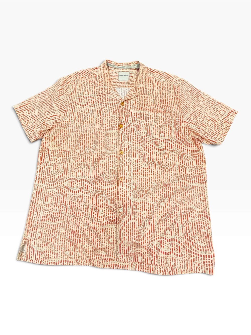 Tommy Bahama Mens XXL 100% Silk Orange Abstract Camp Hawaiian Shirt Button Up